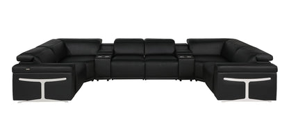 Black Italian Leather Power Reclining U Shaped Eight Piece Sectional With Console
