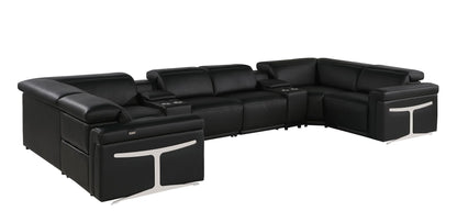 Black Italian Leather Power Reclining U Shaped Eight Piece Sectional With Console