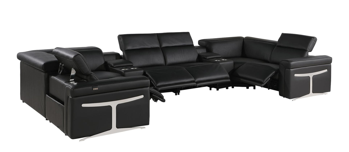 Black Italian Leather Power Reclining U Shaped Eight Piece Sectional With Console