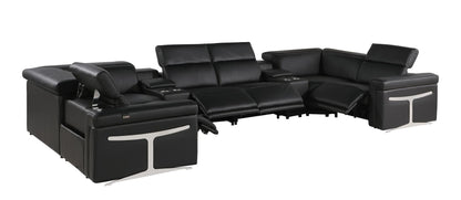 Black Italian Leather Power Reclining U Shaped Eight Piece Sectional With Console