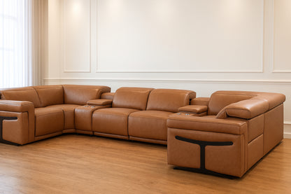 Chestnut Italian Leather Power Reclining U Shaped Eight Piece Sectional With Console
