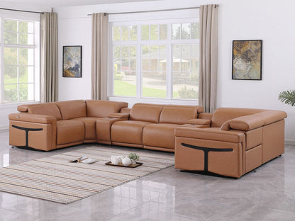 Chestnut Italian Leather Power Reclining U Shaped Eight Piece Sectional With Console