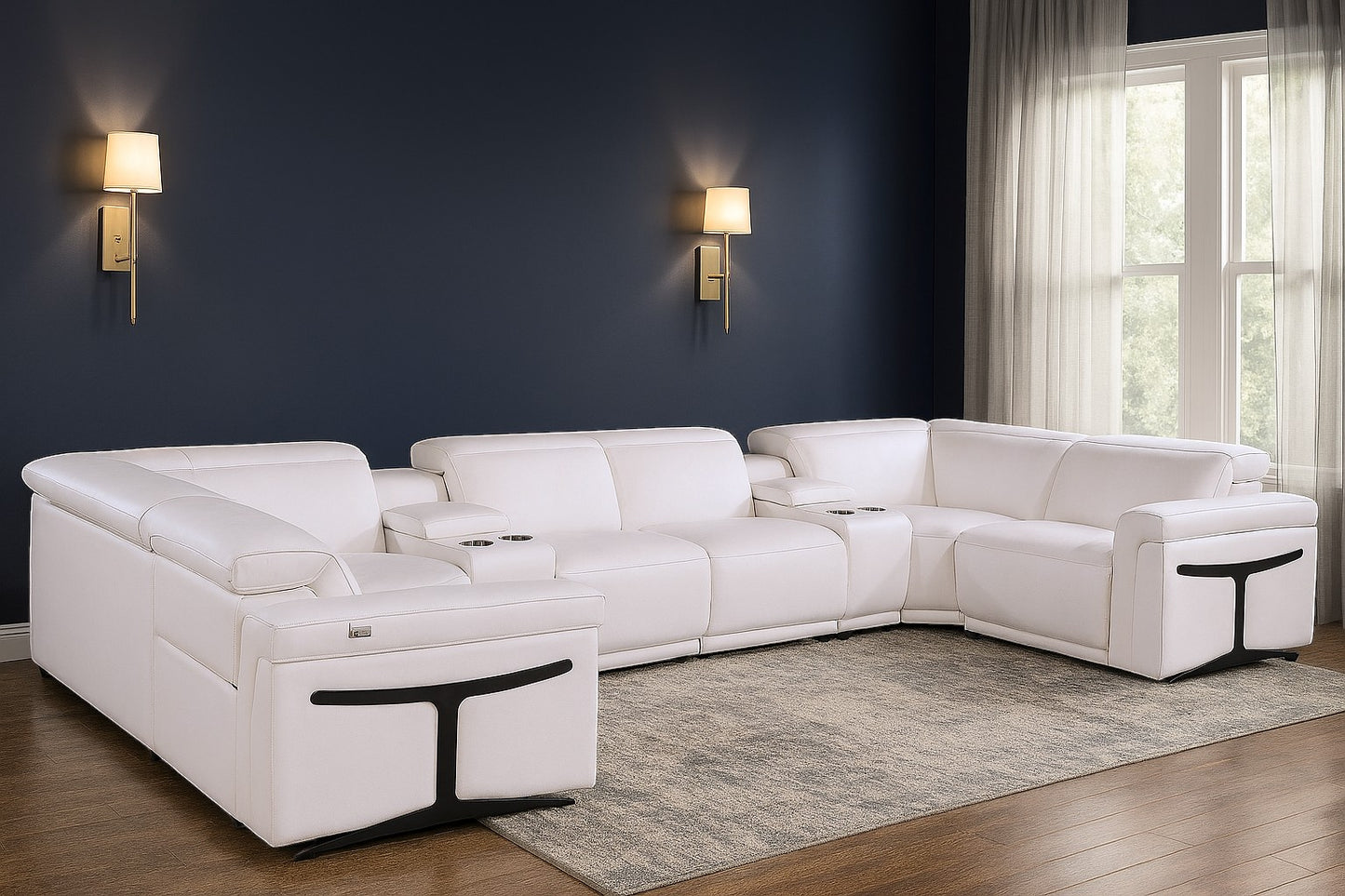 White Italian Leather Power Reclining U Shaped Eight Piece Corner Sectional With Console
