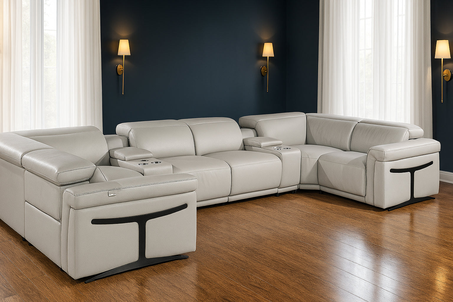 Light Gray Italian Leather Power Reclining U Shaped Eight Piece Corner Sectional With Console