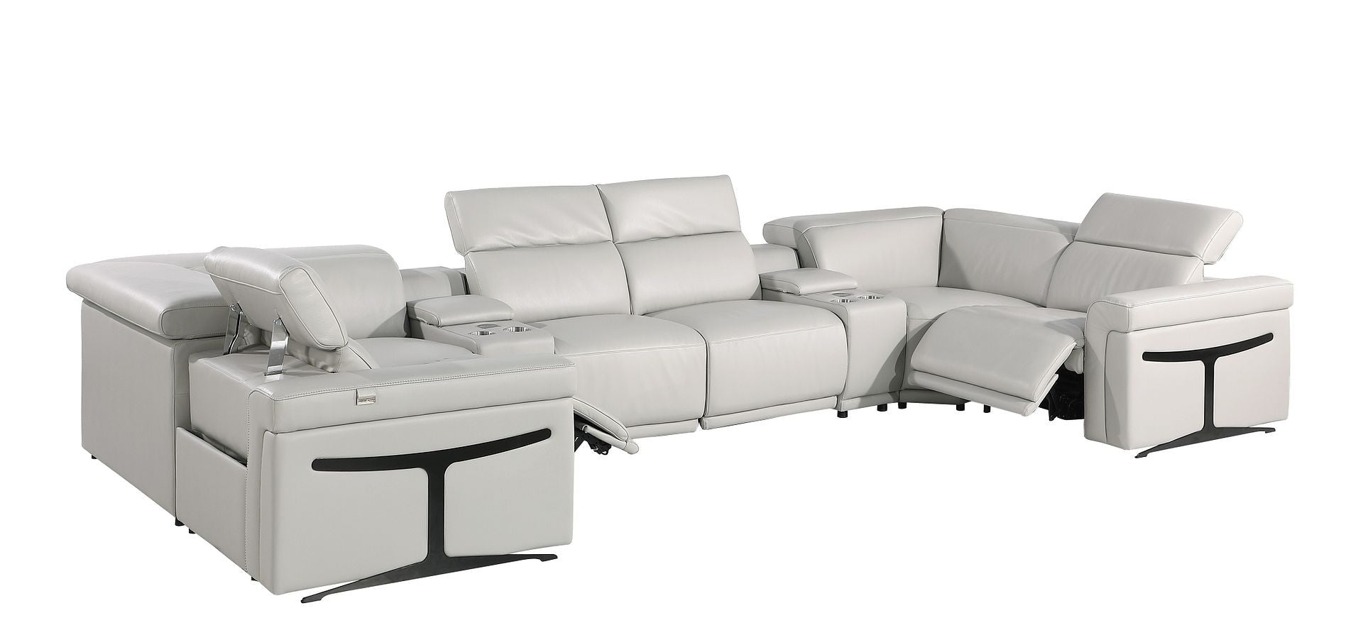 Light Gray Italian Leather Power Reclining U Shaped Eight Piece Corner Sectional With Console