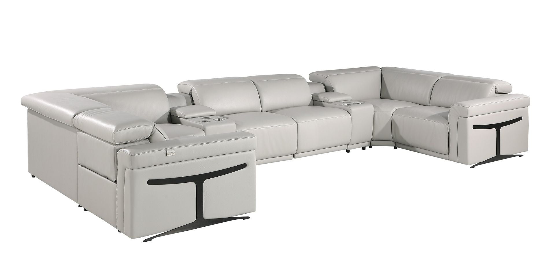 Light Gray Italian Leather Power Reclining U Shaped Eight Piece Corner Sectional With Console