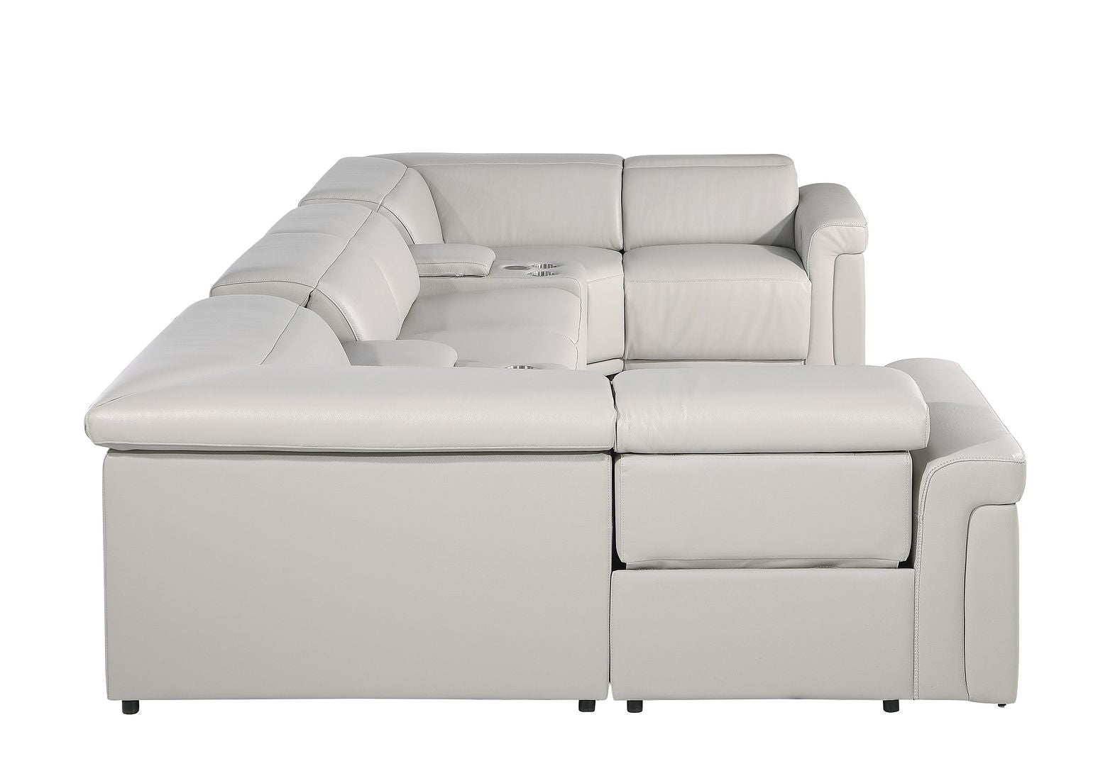 Light Gray Italian Leather Power Reclining U Shaped Eight Piece Corner Sectional With Console