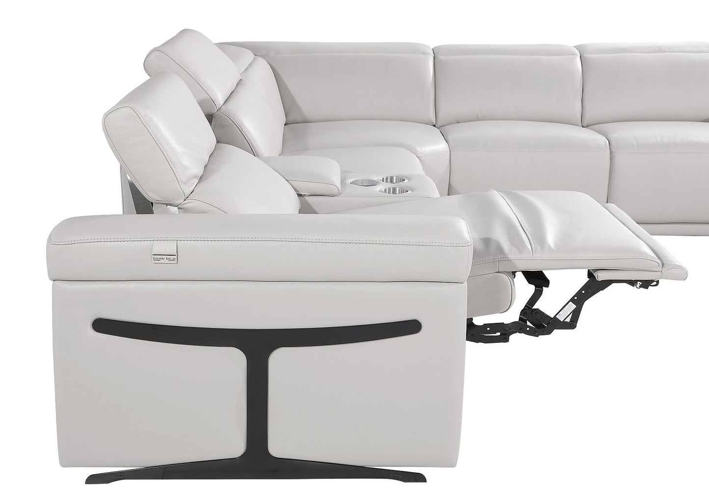 Light Gray Italian Leather Power Reclining U Shaped Eight Piece Corner Sectional With Console