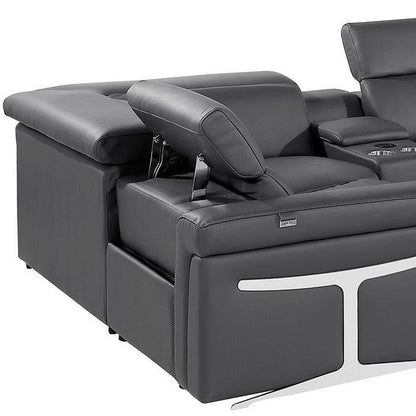 Dark Gray Italian Leather Power Reclining U Shaped Eight Piece Corner Sectional With Console