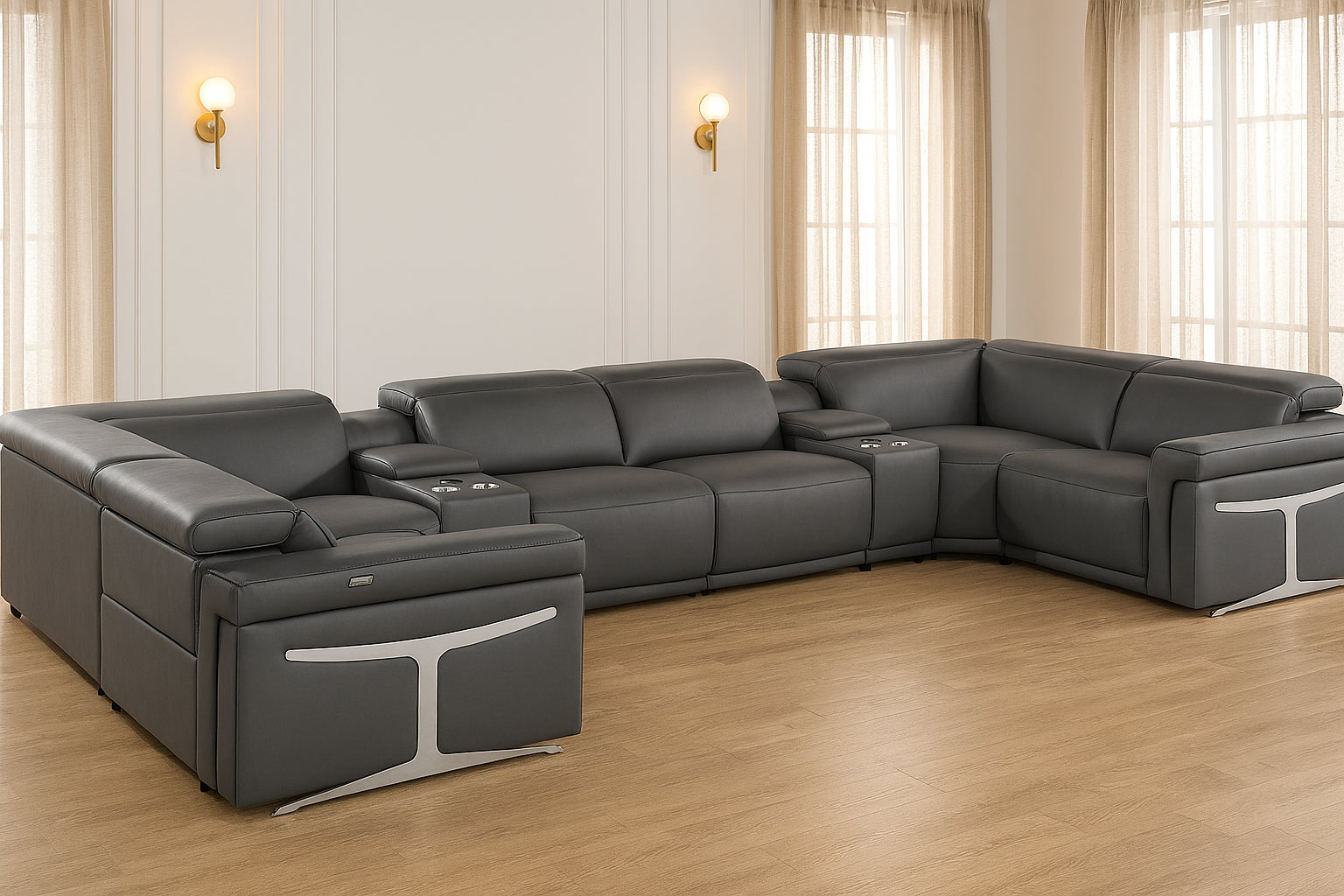 Dark Gray Italian Leather Power Reclining U Shaped Eight Piece Corner Sectional With Console