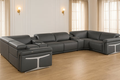 Dark Gray Italian Leather Power Reclining U Shaped Eight Piece Corner Sectional With Console