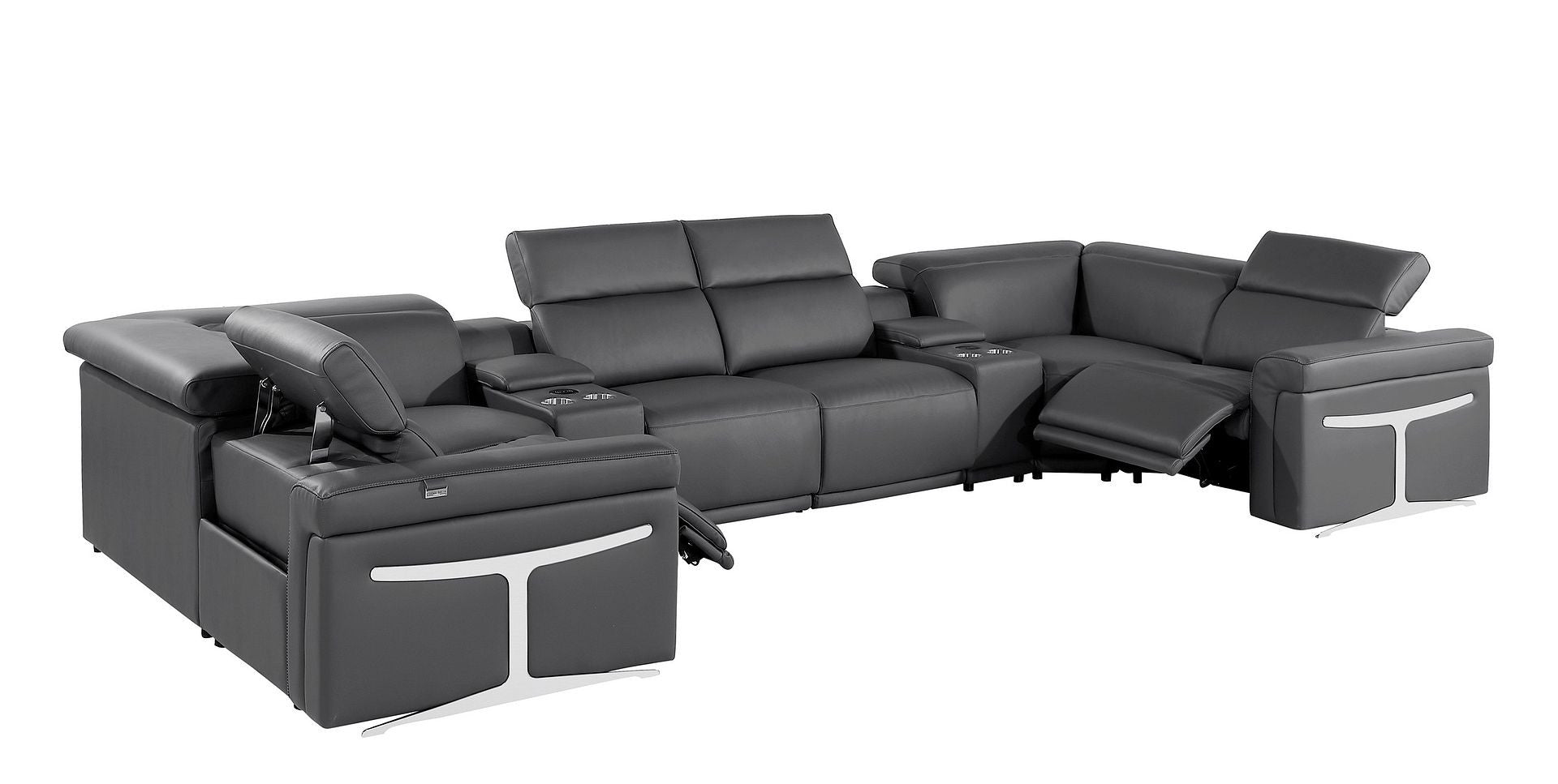 Dark Gray Italian Leather Power Reclining U Shaped Eight Piece Corner Sectional With Console