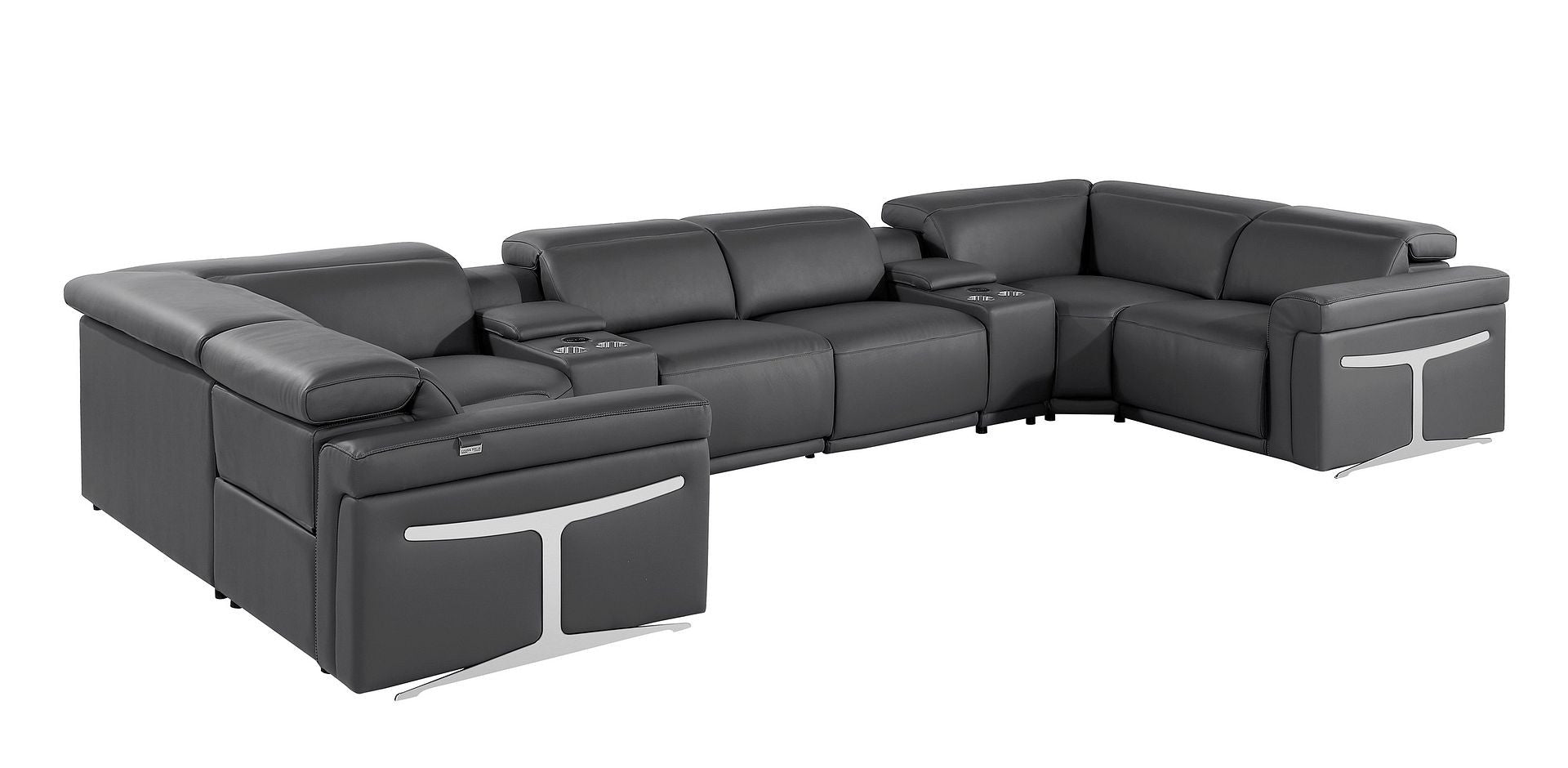 Dark Gray Italian Leather Power Reclining U Shaped Eight Piece Corner Sectional With Console