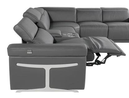 Dark Gray Italian Leather Power Reclining U Shaped Eight Piece Corner Sectional With Console