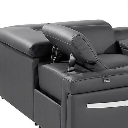 Dark Gray Italian Leather Power Reclining U Shaped Eight Piece Corner Sectional With Console