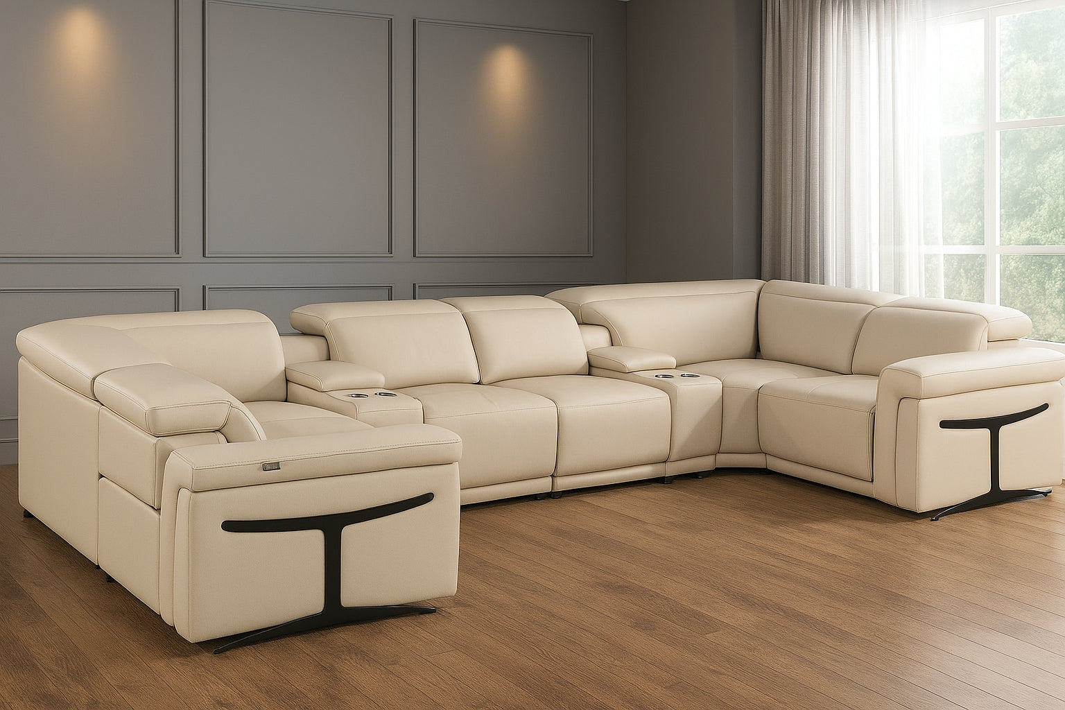 Beige Italian Leather Power Reclining U Shaped Eight Piece Corner Sectional With Console