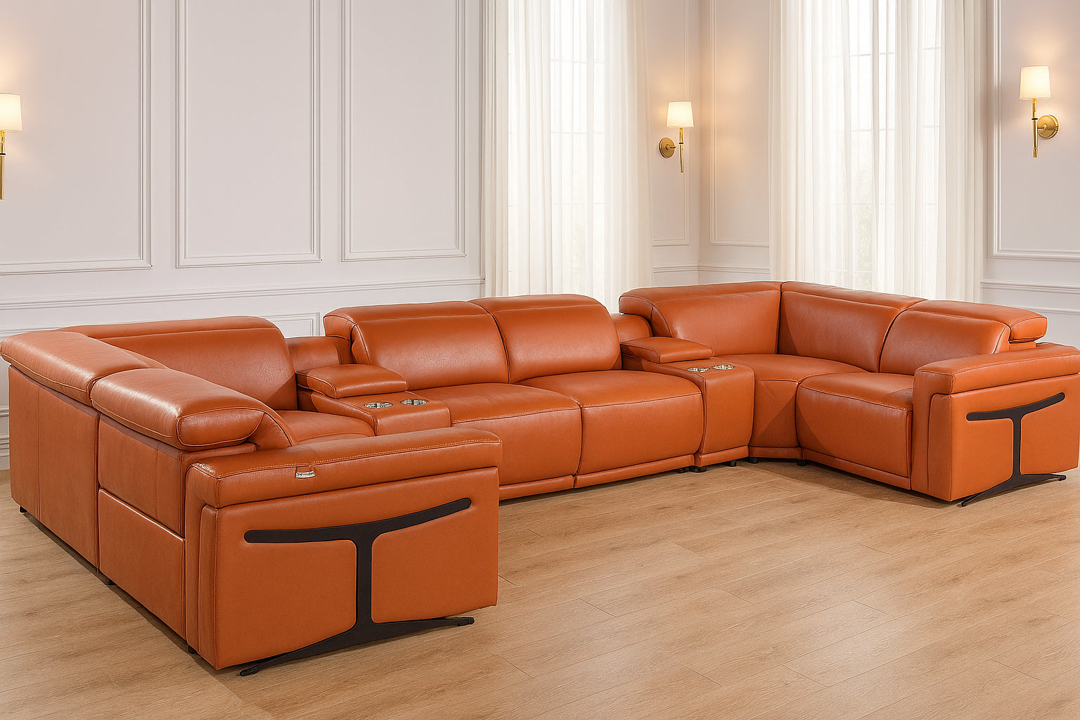 Camel Italian Leather Power Reclining U Shaped Eight Piece Corner Sectional With Console