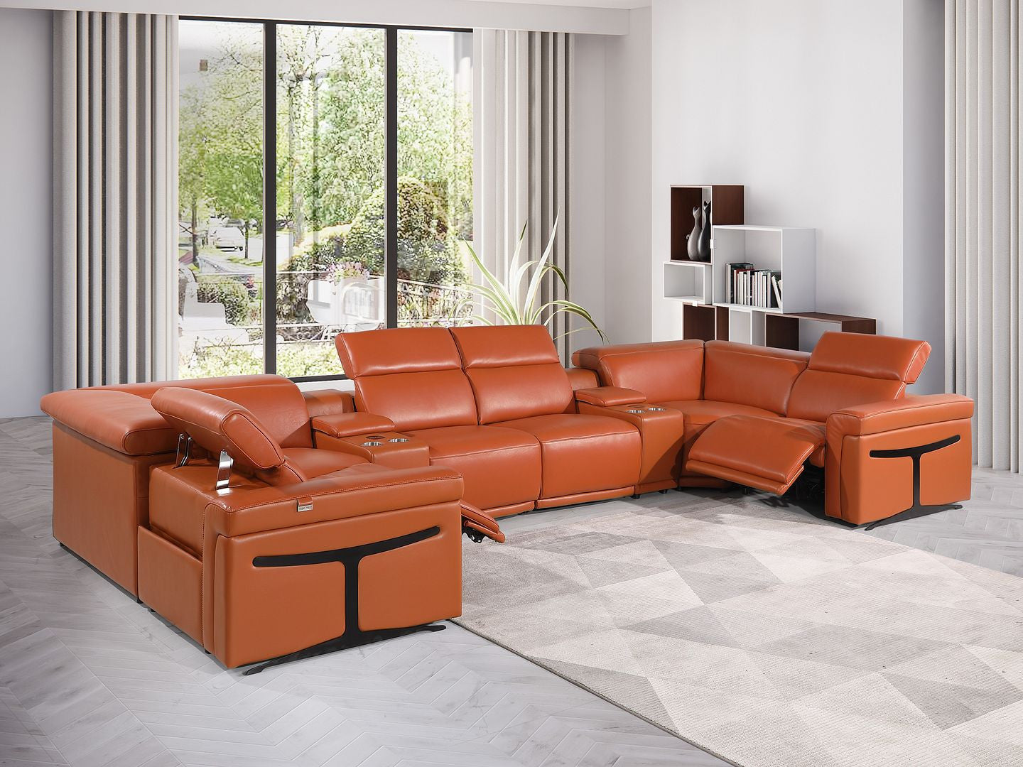 Camel Italian Leather Power Reclining U Shaped Eight Piece Corner Sectional With Console