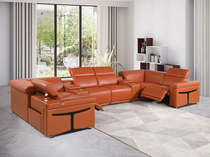 Camel Italian Leather Power Reclining U Shaped Eight Piece Corner Sectional With Console