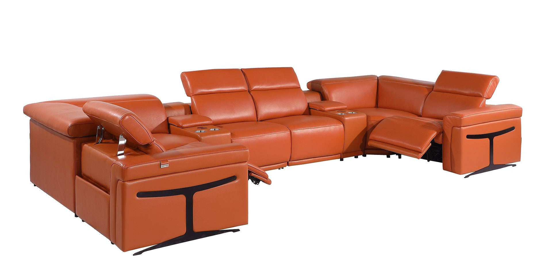 Camel Italian Leather Power Reclining U Shaped Eight Piece Corner Sectional With Console