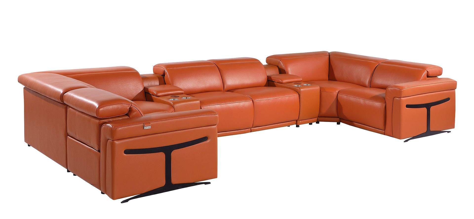 Camel Italian Leather Power Reclining U Shaped Eight Piece Corner Sectional With Console