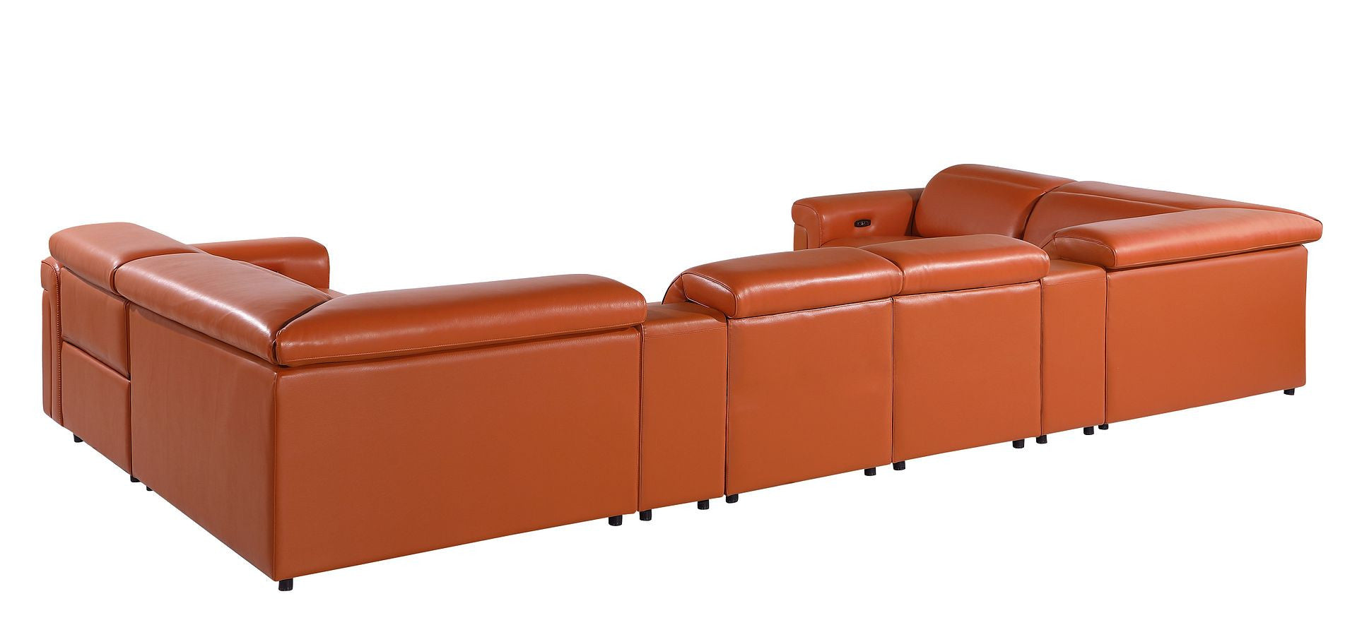 Camel Italian Leather Power Reclining U Shaped Eight Piece Corner Sectional With Console