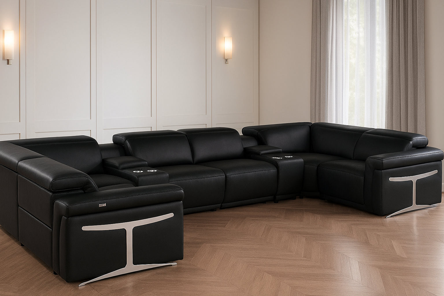 Black Italian Leather Power Reclining U Shaped Eight Piece Corner Sectional With Console