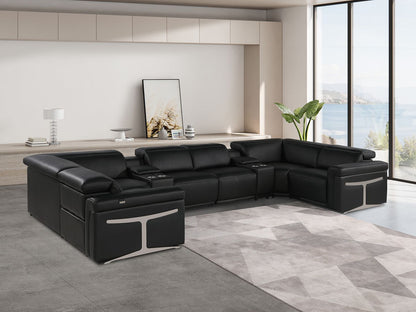 Black Italian Leather Power Reclining U Shaped Eight Piece Corner Sectional With Console