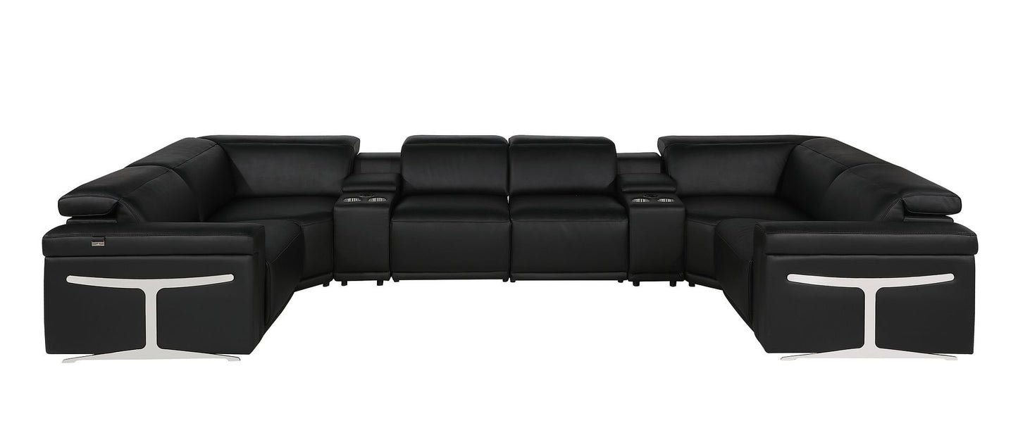 Black Italian Leather Power Reclining U Shaped Eight Piece Corner Sectional With Console