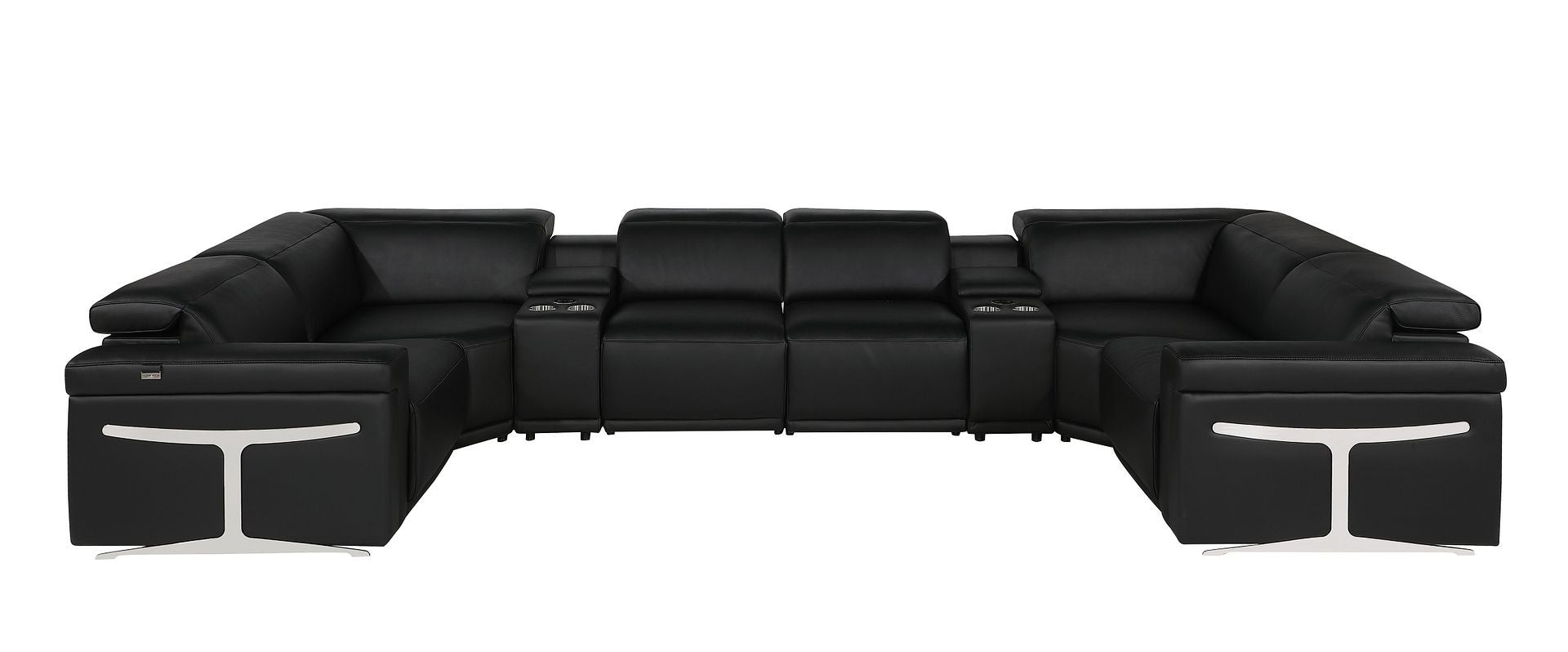Black Italian Leather Power Reclining U Shaped Eight Piece Corner Sectional With Console