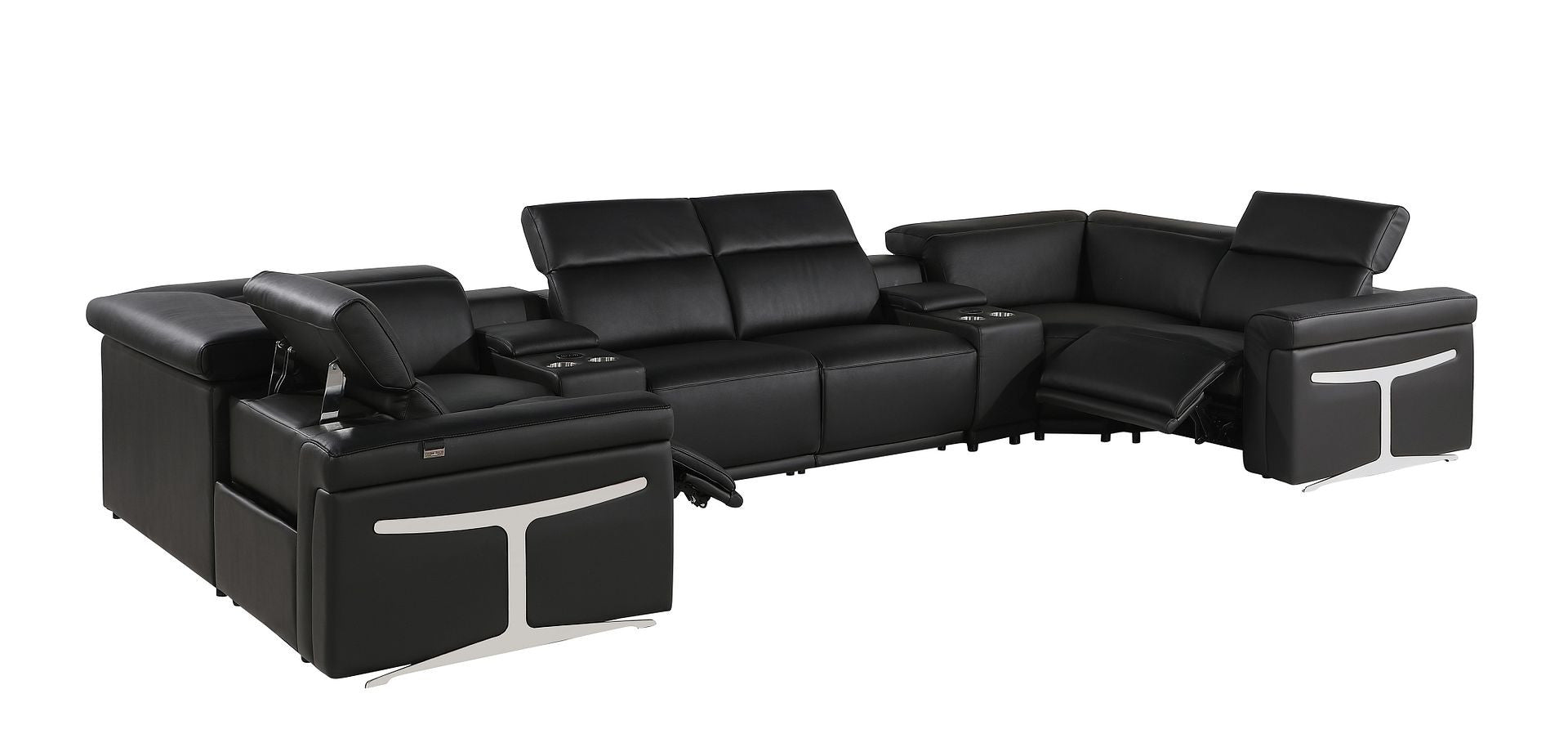 Black Italian Leather Power Reclining U Shaped Eight Piece Corner Sectional With Console
