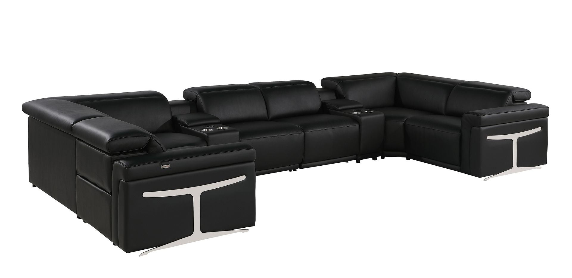 Black Italian Leather Power Reclining U Shaped Eight Piece Corner Sectional With Console