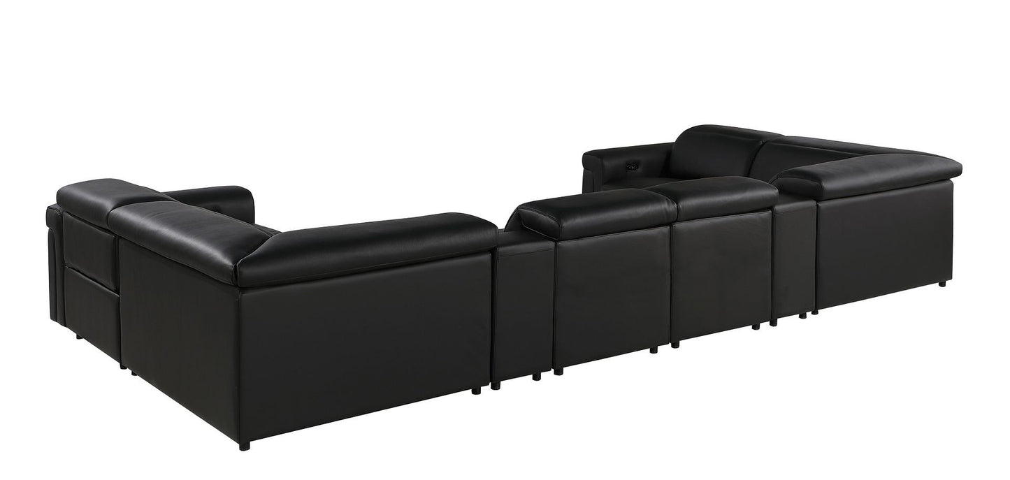Black Italian Leather Power Reclining U Shaped Eight Piece Corner Sectional With Console