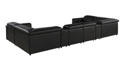 Black Italian Leather Power Reclining U Shaped Eight Piece Corner Sectional With Console