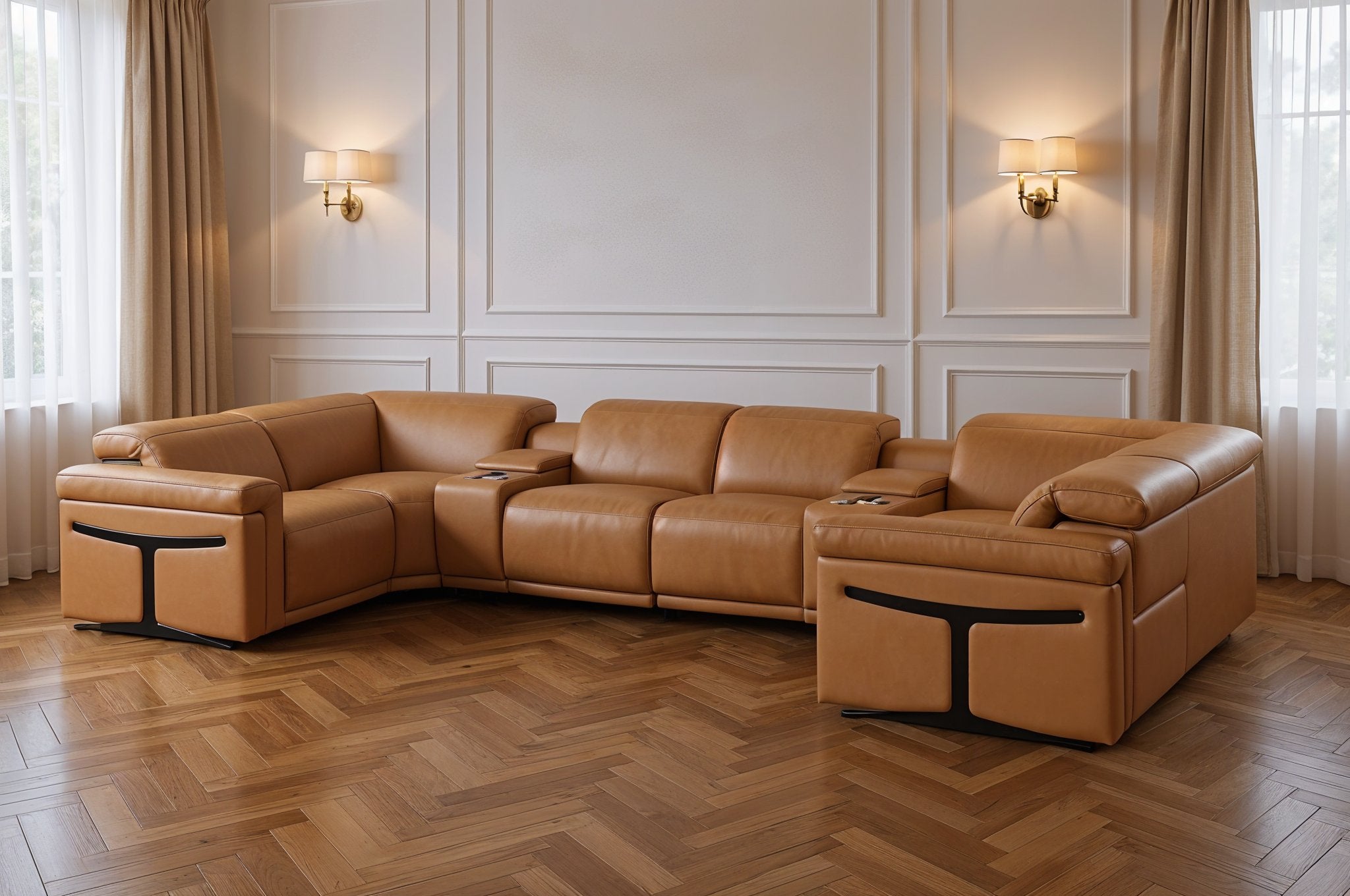 Chestnut Italian Leather Power Reclining U Shaped Eight Piece Corner Sectional With Console