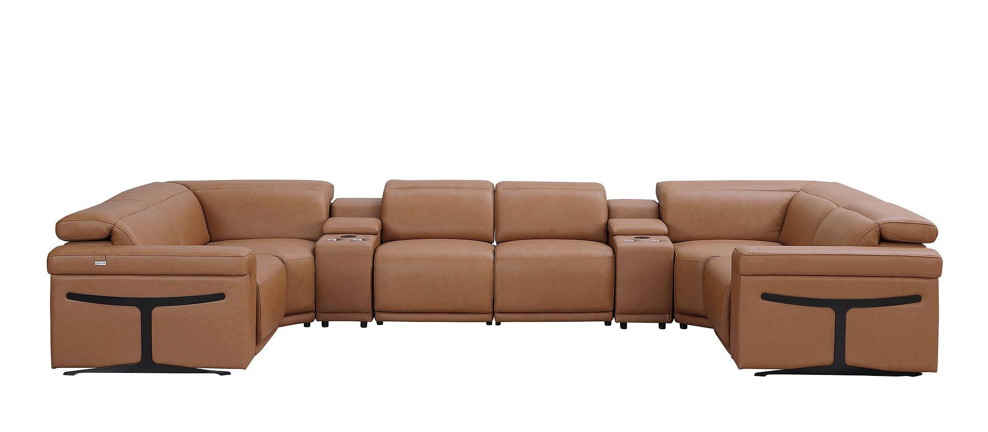 Chestnut Italian Leather Power Reclining U Shaped Eight Piece Corner Sectional With Console