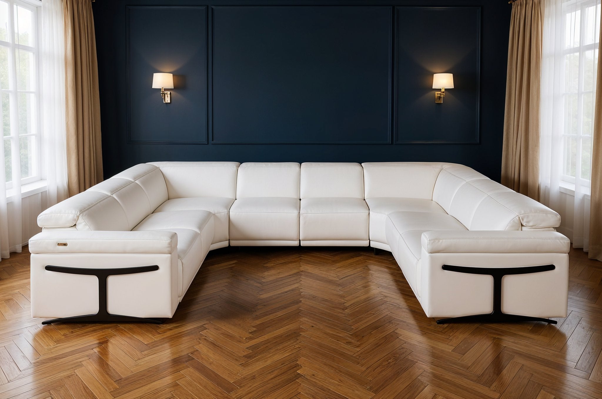 White Italian Leather Power Reclining U Shaped Eight Piece Corner Sectional With Console