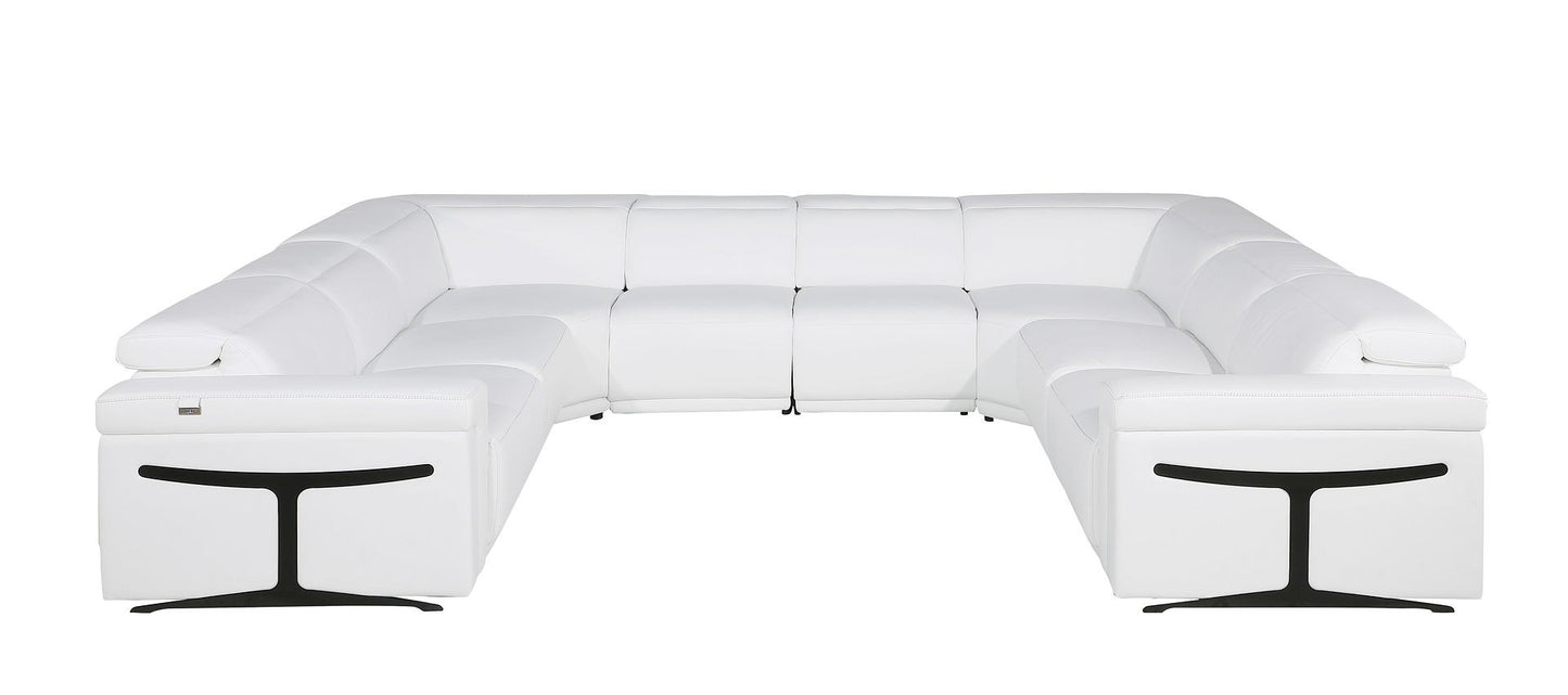 White Italian Leather Power Reclining U Shaped Eight Piece Corner Sectional With Console