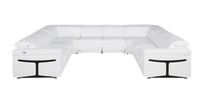 White Italian Leather Power Reclining U Shaped Eight Piece Corner Sectional With Console
