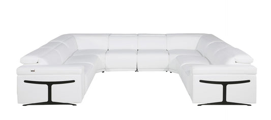 White Italian Leather Power Reclining U Shaped Eight Piece Corner Sectional With Console