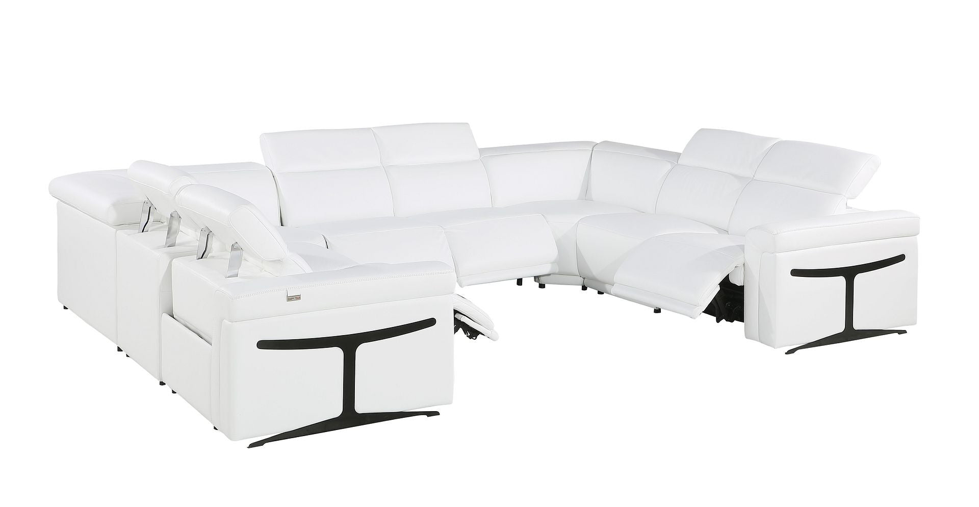White Italian Leather Power Reclining U Shaped Eight Piece Corner Sectional With Console