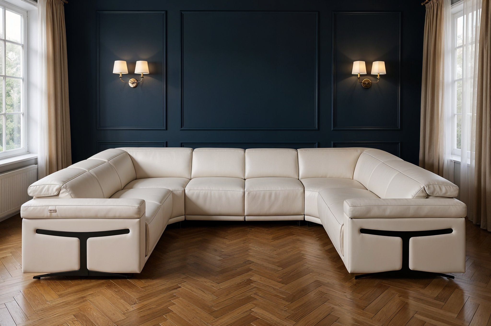 Light Gray Italian Leather Power Reclining U Shaped Eight Piece Corner Sectional With Console