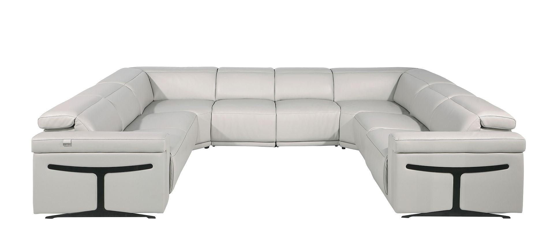 Light Gray Italian Leather Power Reclining U Shaped Eight Piece Corner Sectional With Console