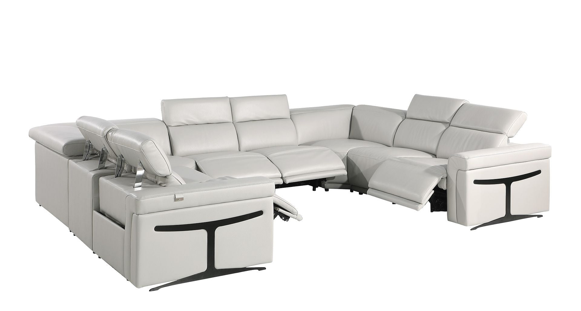 Light Gray Italian Leather Power Reclining U Shaped Eight Piece Corner Sectional With Console
