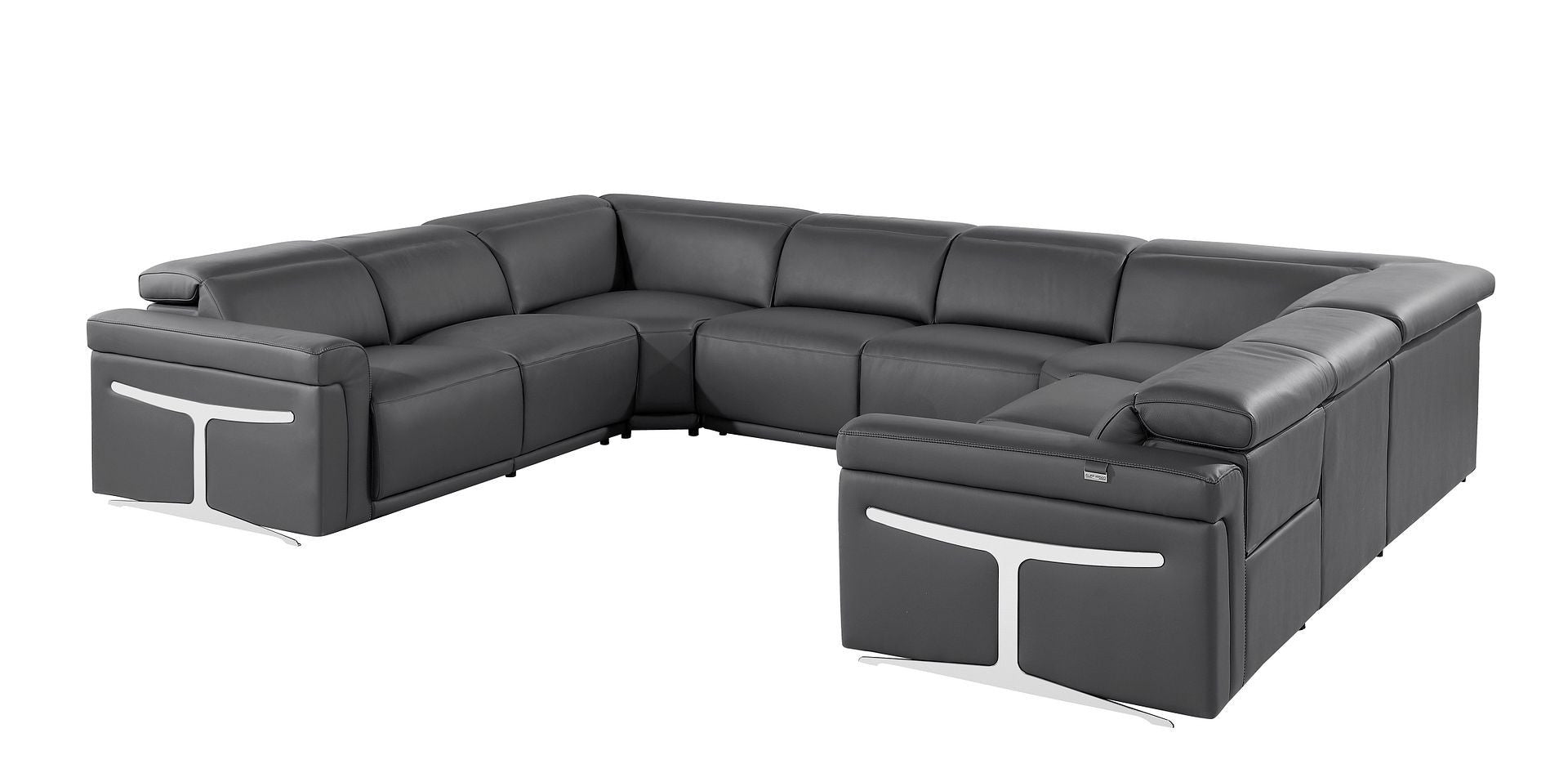 Dark Gray Italian Leather Power Reclining U Shaped Eight Piece Corner Sectional With Console