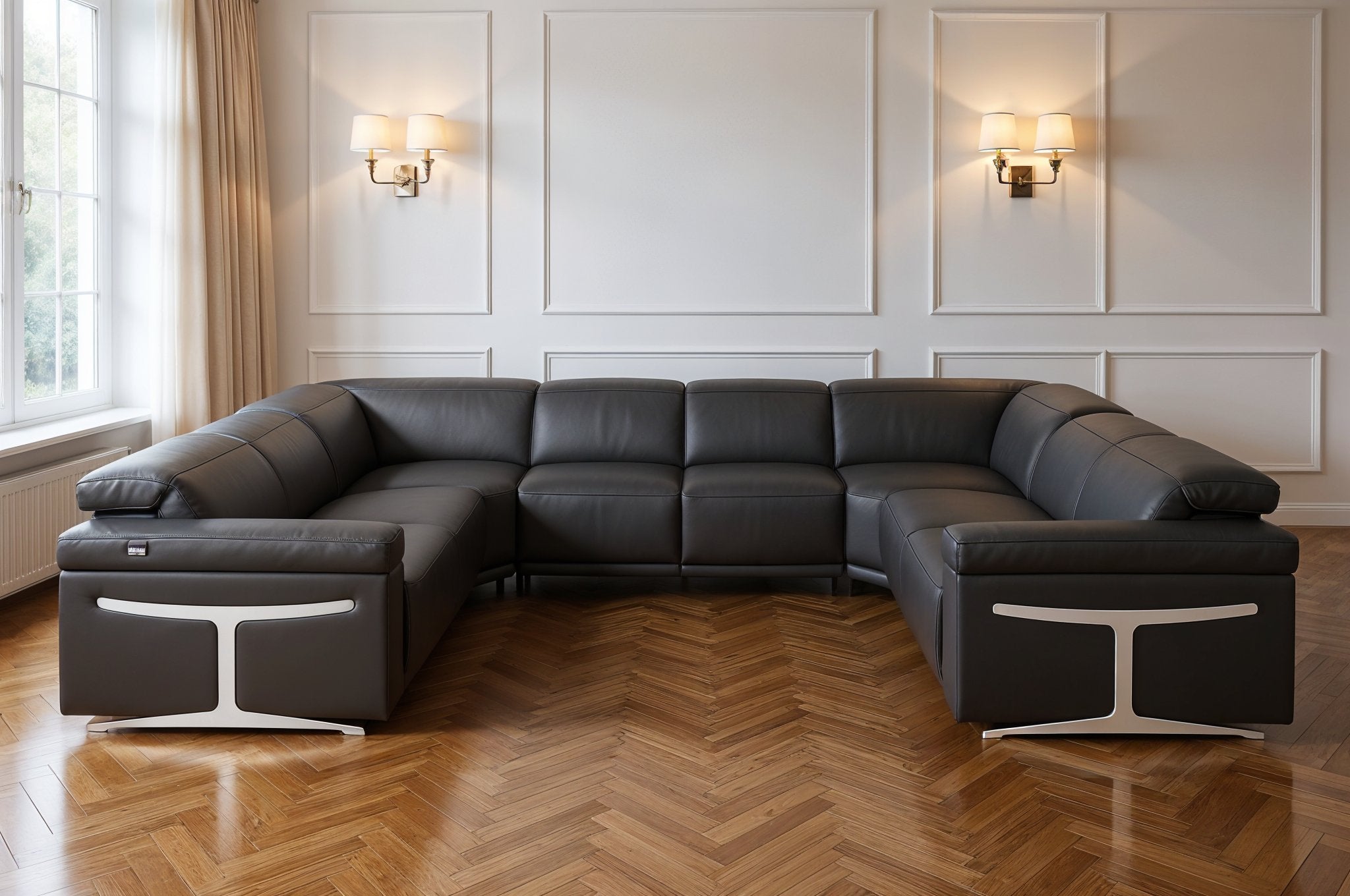 Dark Gray Italian Leather Power Reclining U Shaped Eight Piece Corner Sectional With Console