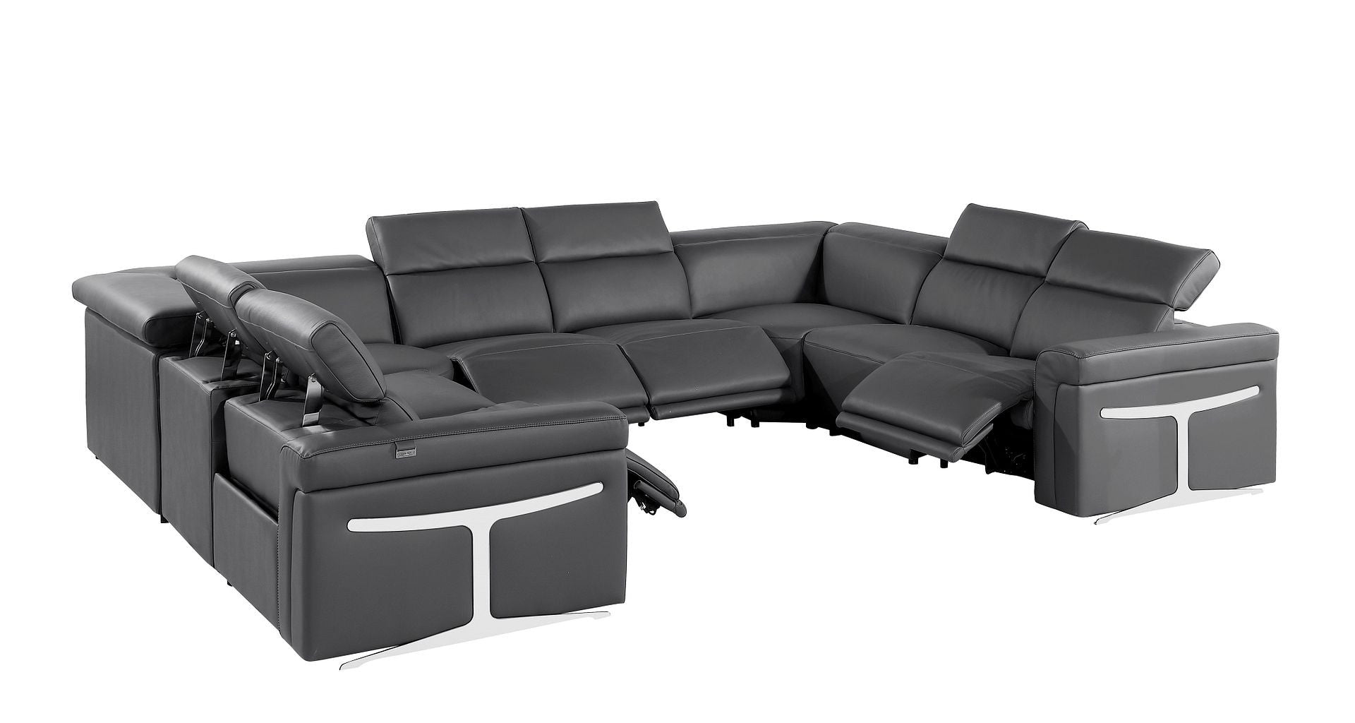 Dark Gray Italian Leather Power Reclining U Shaped Eight Piece Corner Sectional With Console