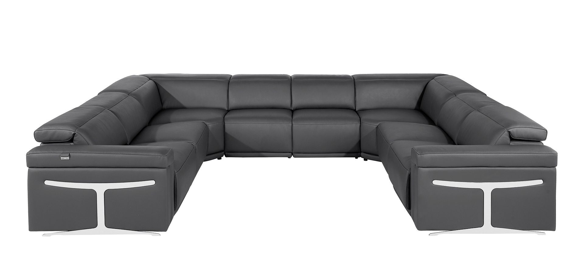 Dark Gray Italian Leather Power Reclining U Shaped Eight Piece Corner Sectional With Console
