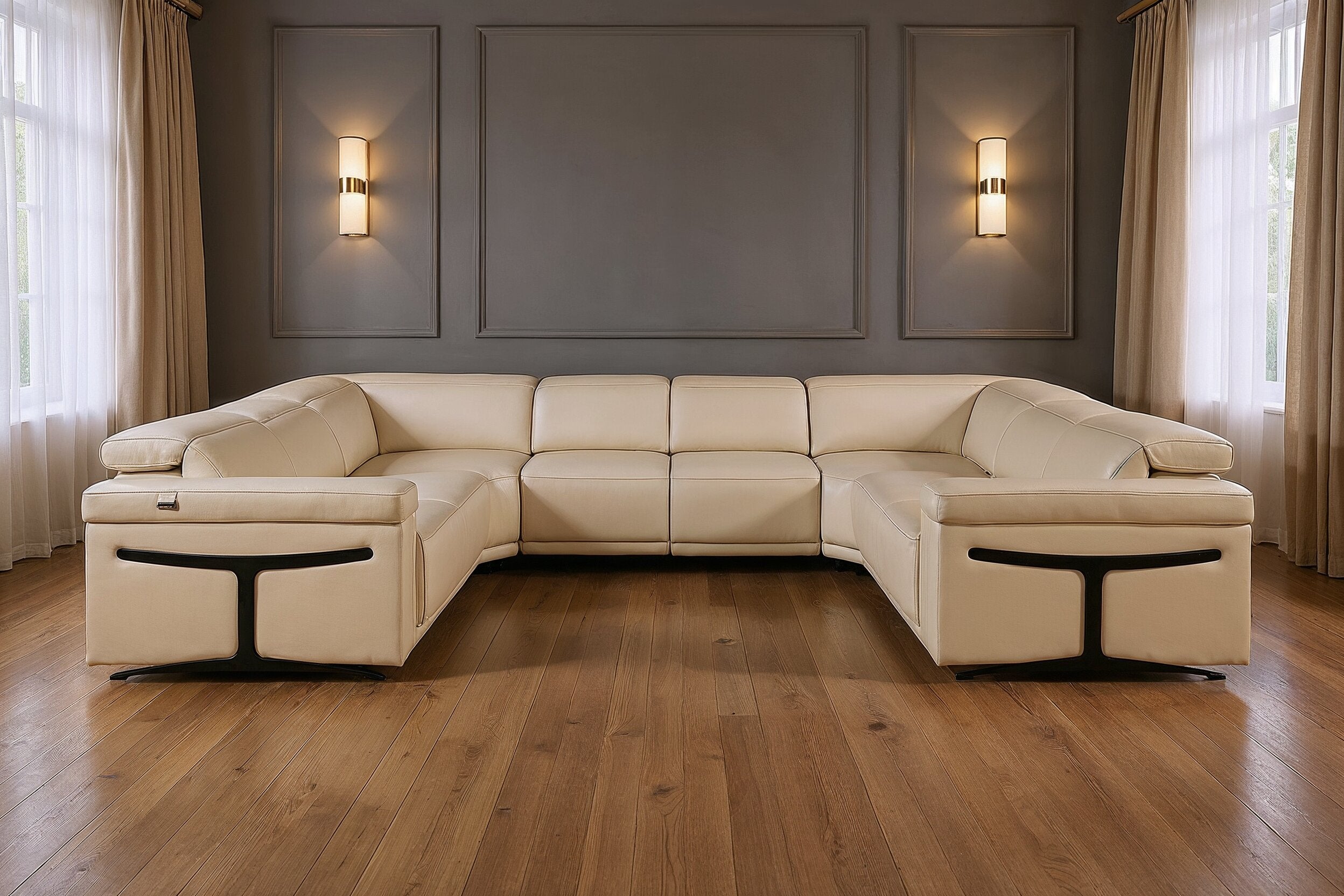 Beige Italian Leather Power Reclining U Shaped Eight Piece Corner Sectional With Console