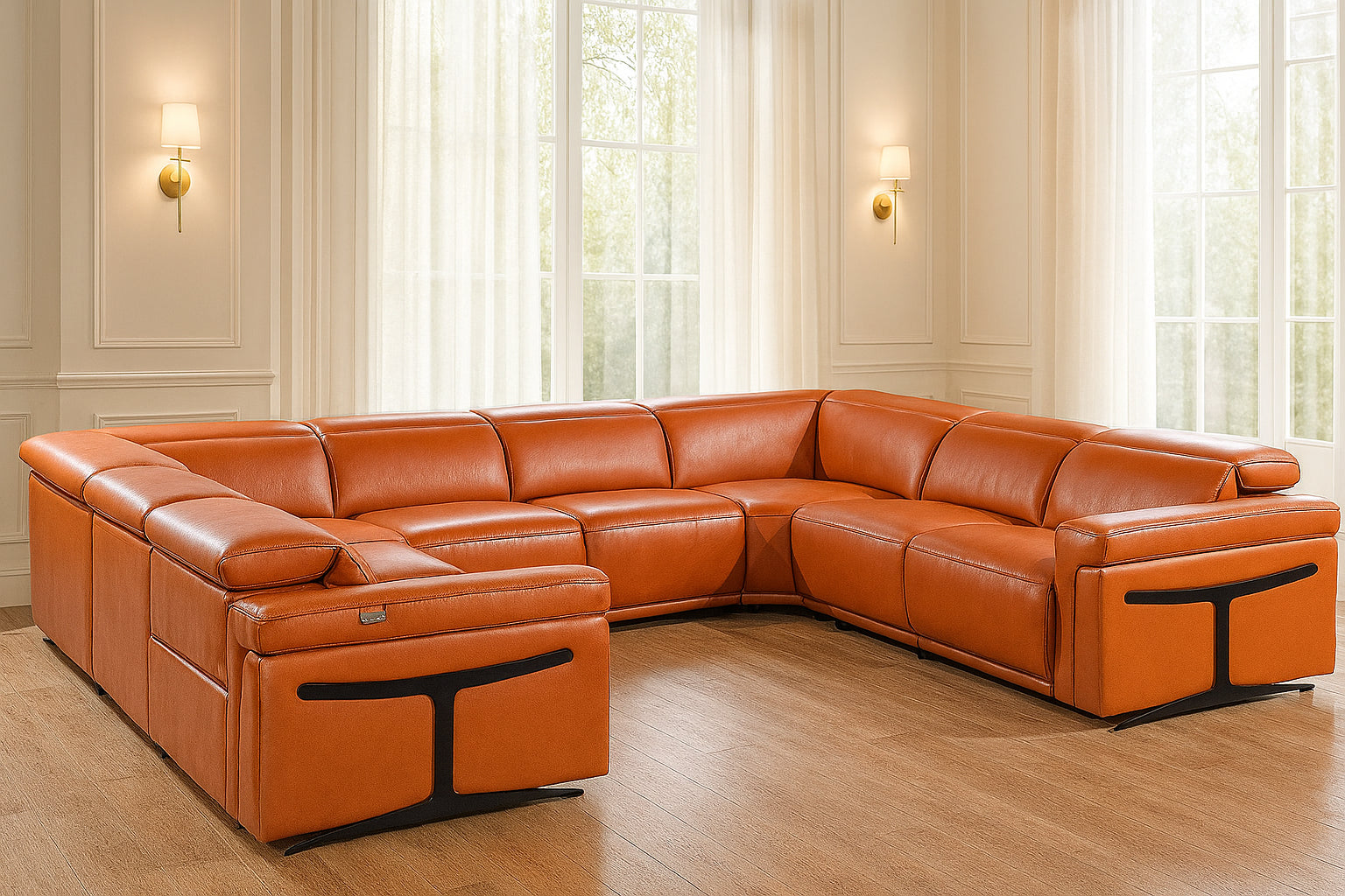 Camel Italian Leather Power Reclining U Shaped Eight Piece Corner Sectional With Console